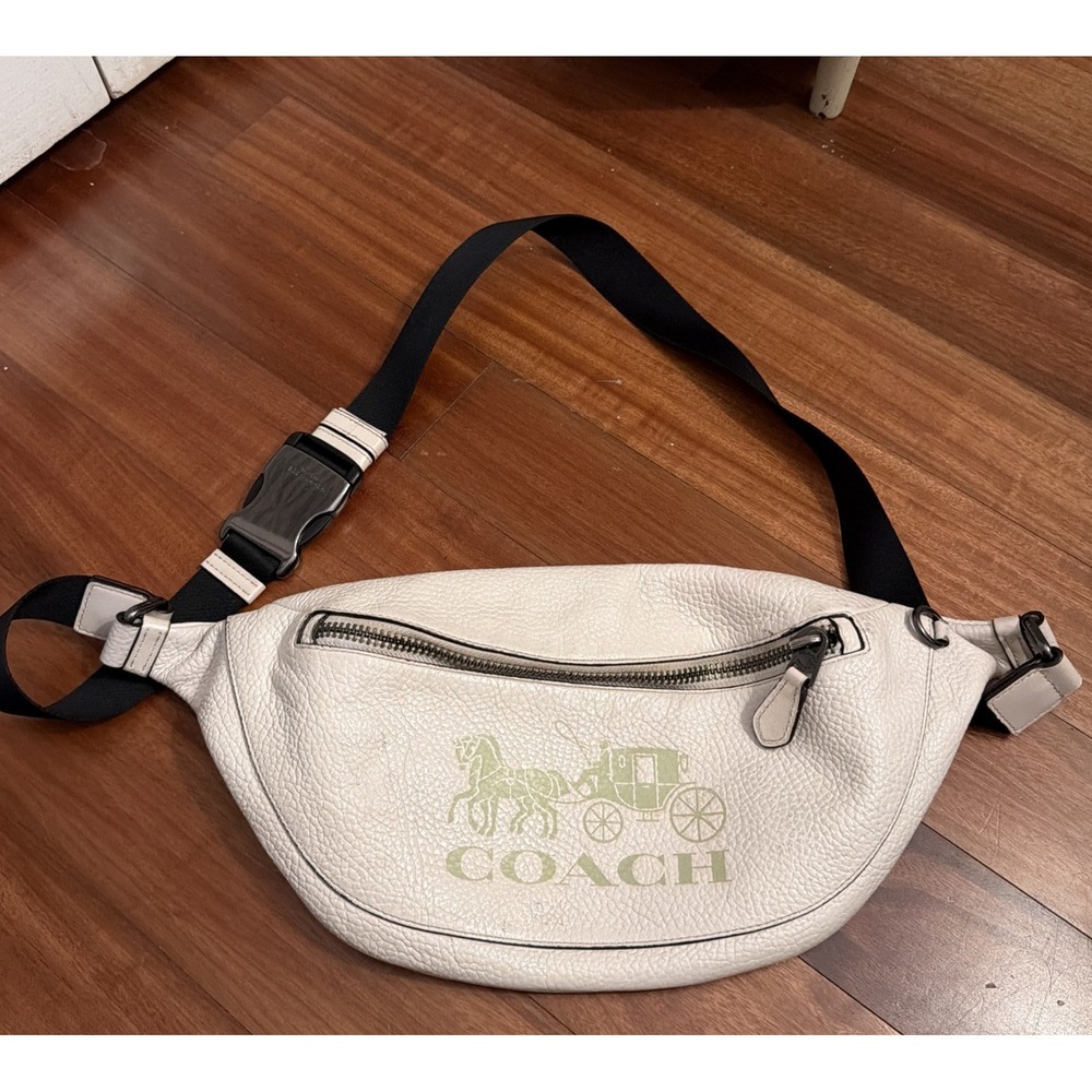 COACH White Leather Ivory Horse & Carriage Belt Waist Bag Used 16.5" x 9" - Picture 2 of 14